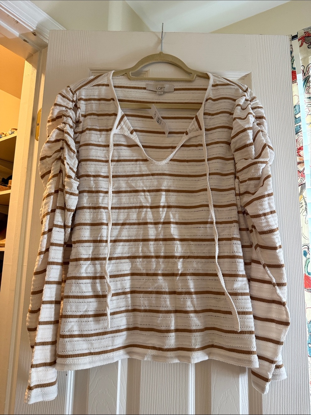 LOFT Cream and Tan Striped V-Neck Long Sleeve Pullover